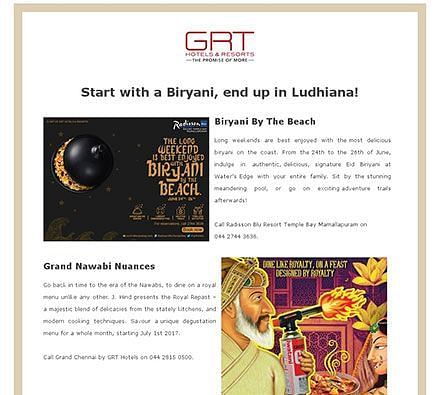 Newsletter by GRT Hotels with the heading that says-Start with a biryani, end up in Ludhiana.