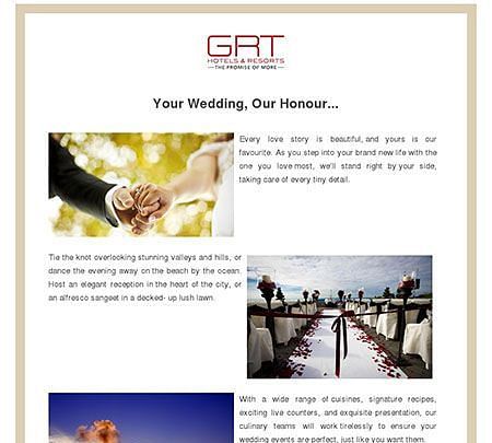 Newsletter promoting exclusive wedding packages and events at GRT Hotels.