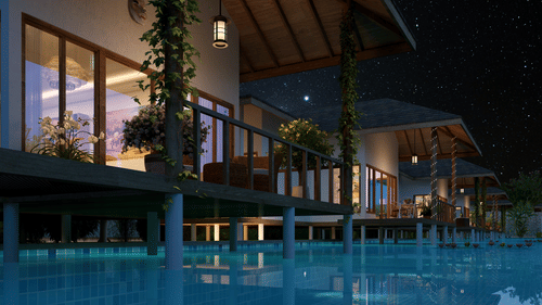 a view of the balcony of Lagoon villa with stars in the background - Ananta Spa and Resort, Ajabgarh