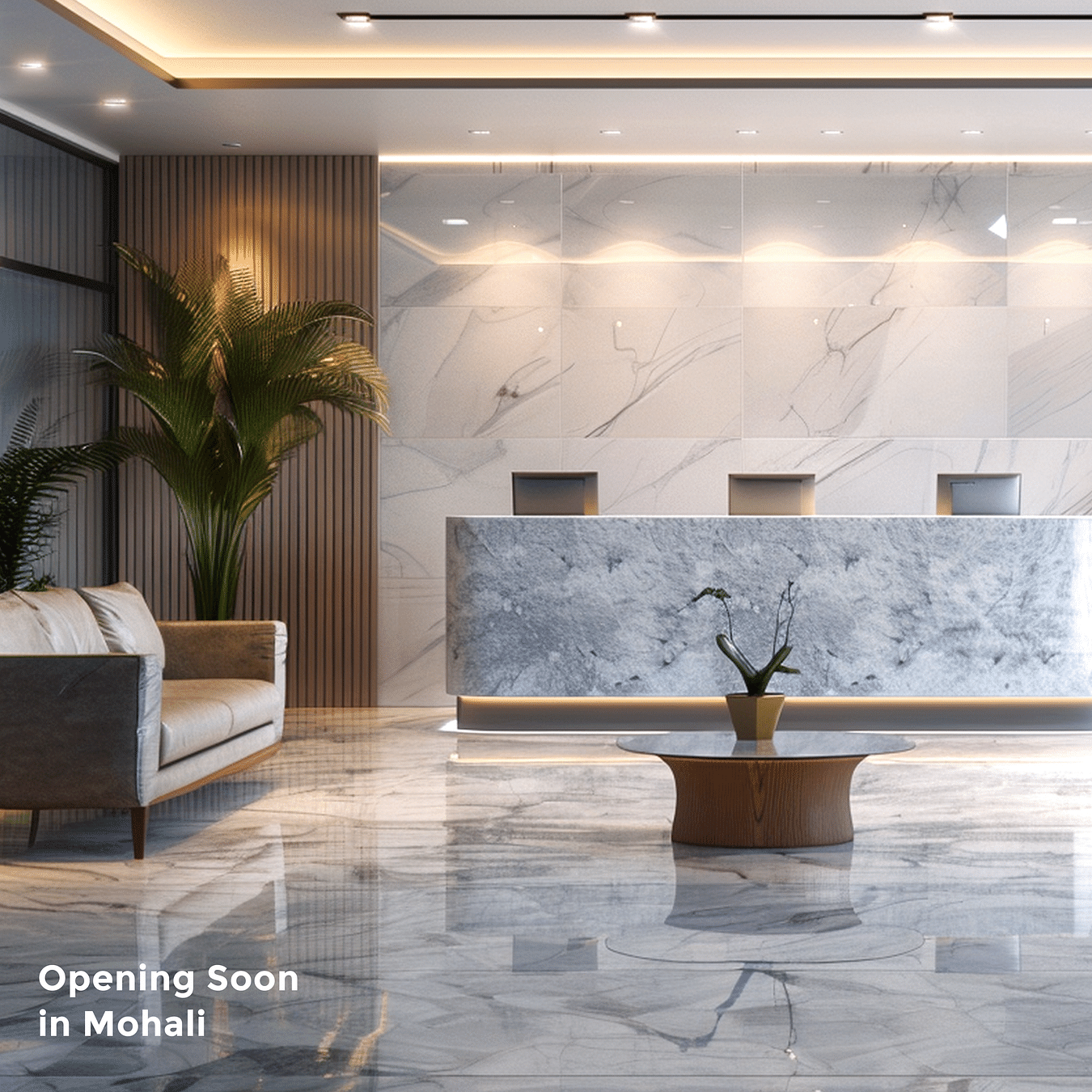 A plush sofa next to the reception desk and a coffee table decked with a decor showpiece under warm lighting and well-furnished glossy floor as the text says 'Opening Soon in Mohali'
