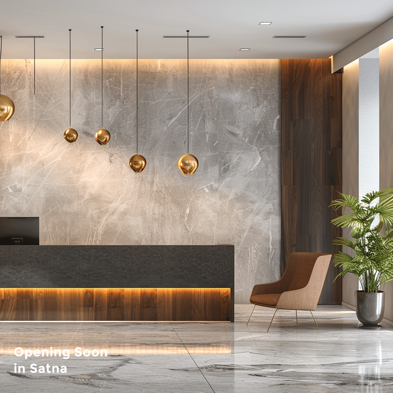 A couch placed right next to the reception desk with decor pieces hanging from the ceiling with a plant standing on its side as the text says 'Opening Soon in Satna'