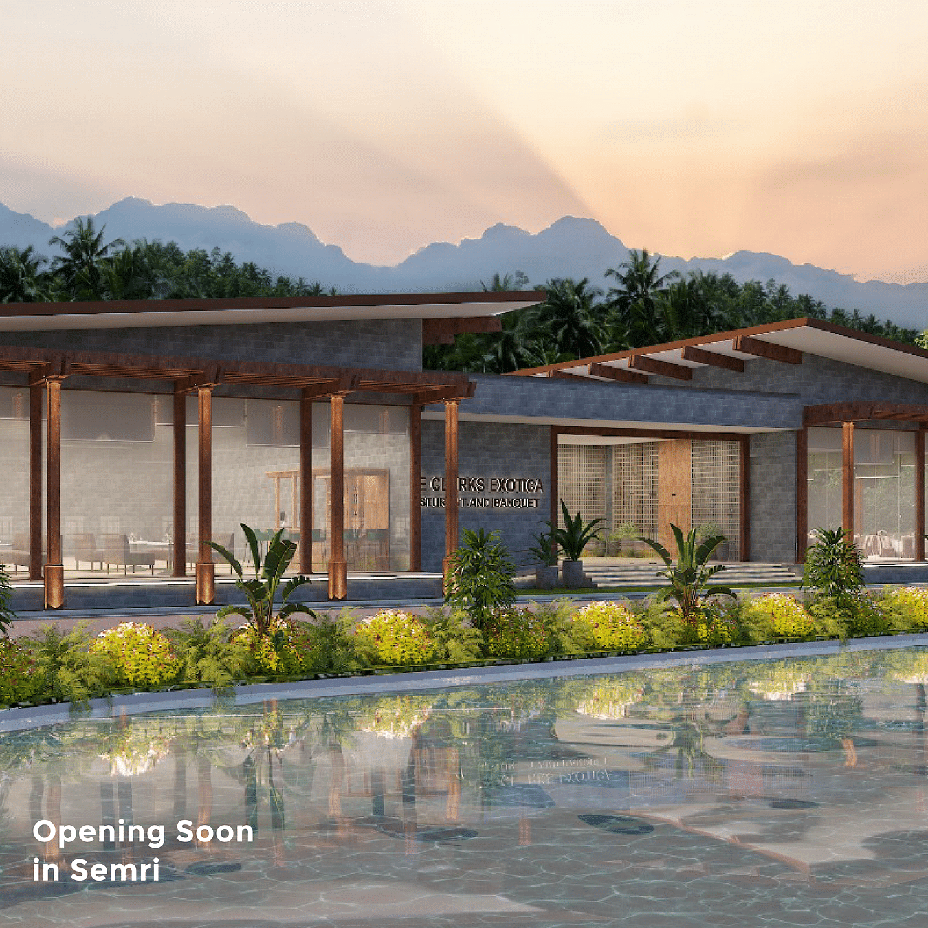 Facade of the new Clarks property featuring lush greenery in the background stretching out to the outlines clouds covering the sun as the text says 'Opening Soon in Semri'