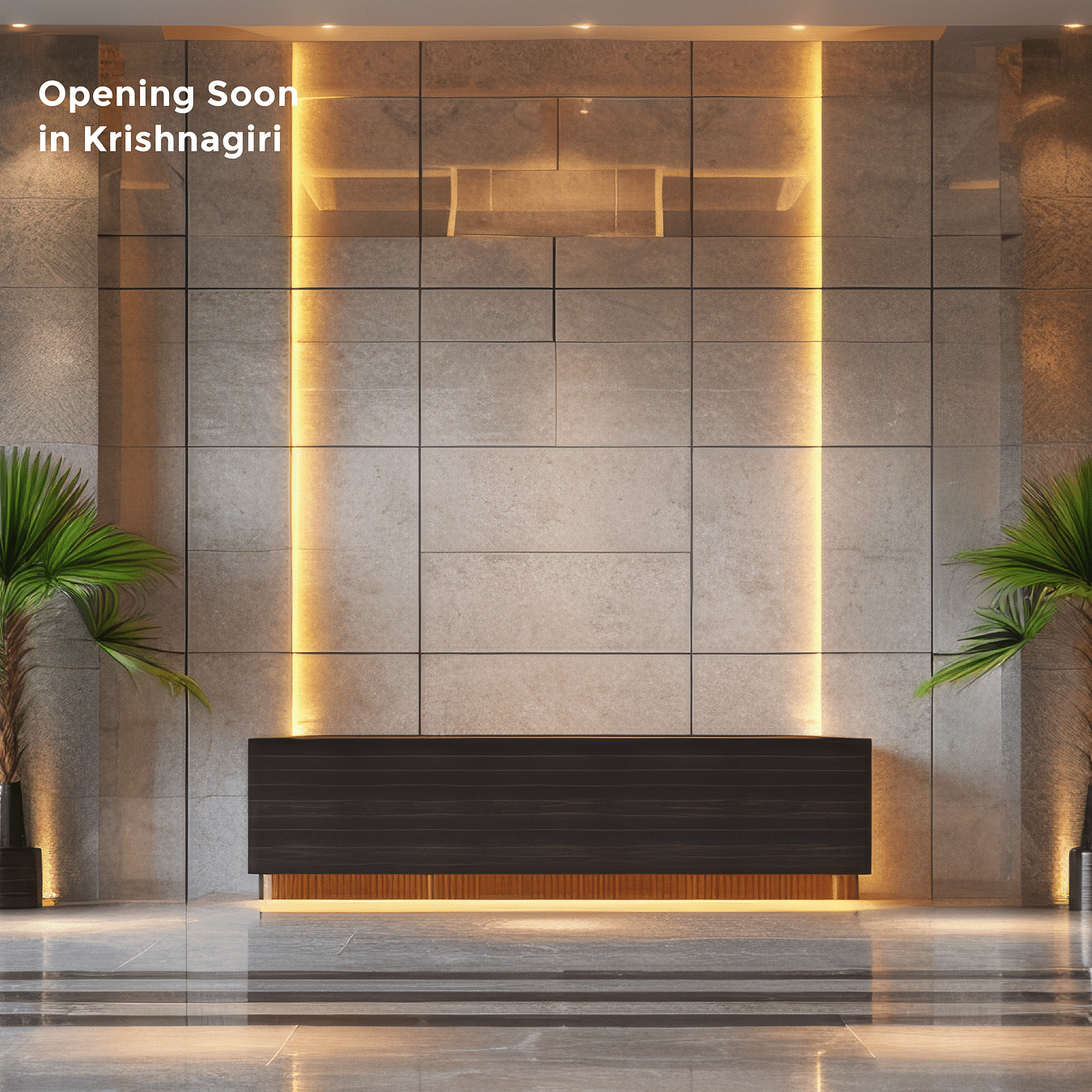 An elegant reception desk with plants on both of its sides as the text says 'Opening Soon in Krishnagiri'