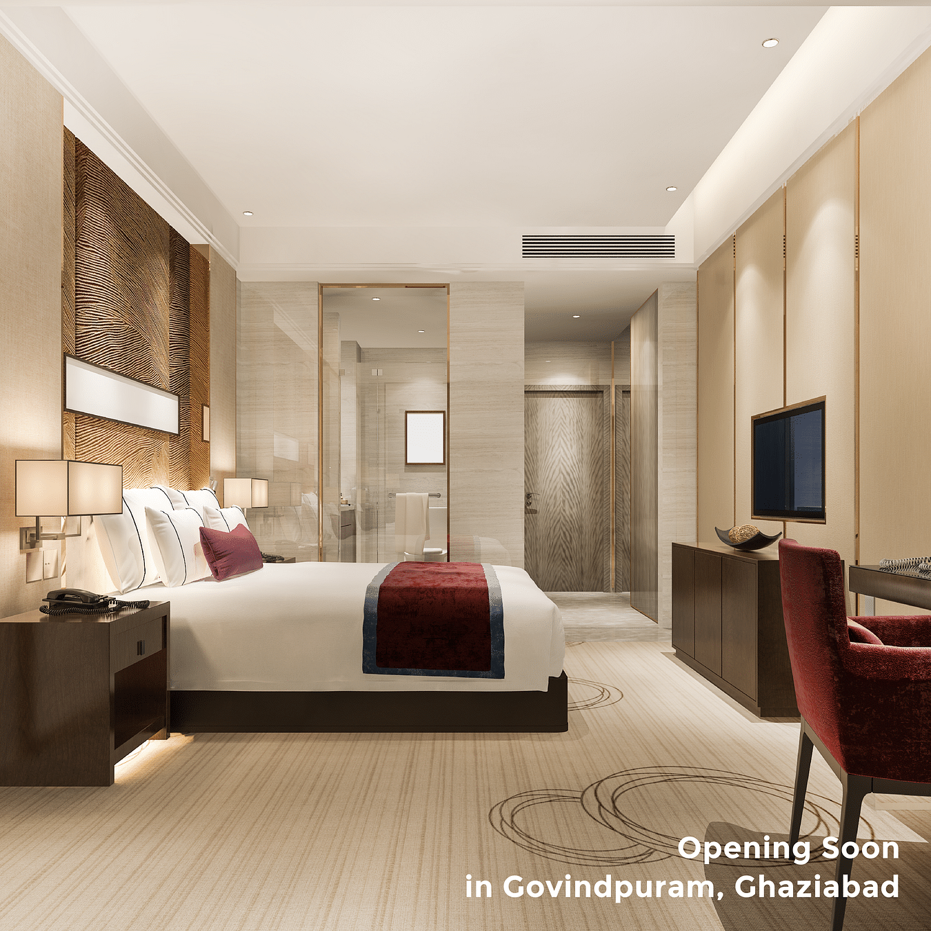 A hotel room under warm lighting and a plush bed as the text says - Coming Soon in Govindpuram, Ghaziabad