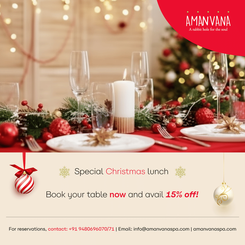 Creative at Amanvana Spa Resort – A Luxury Resort in Coorg showcasing a special Christmas lunch offer with festive table setting and 15% off promotion.