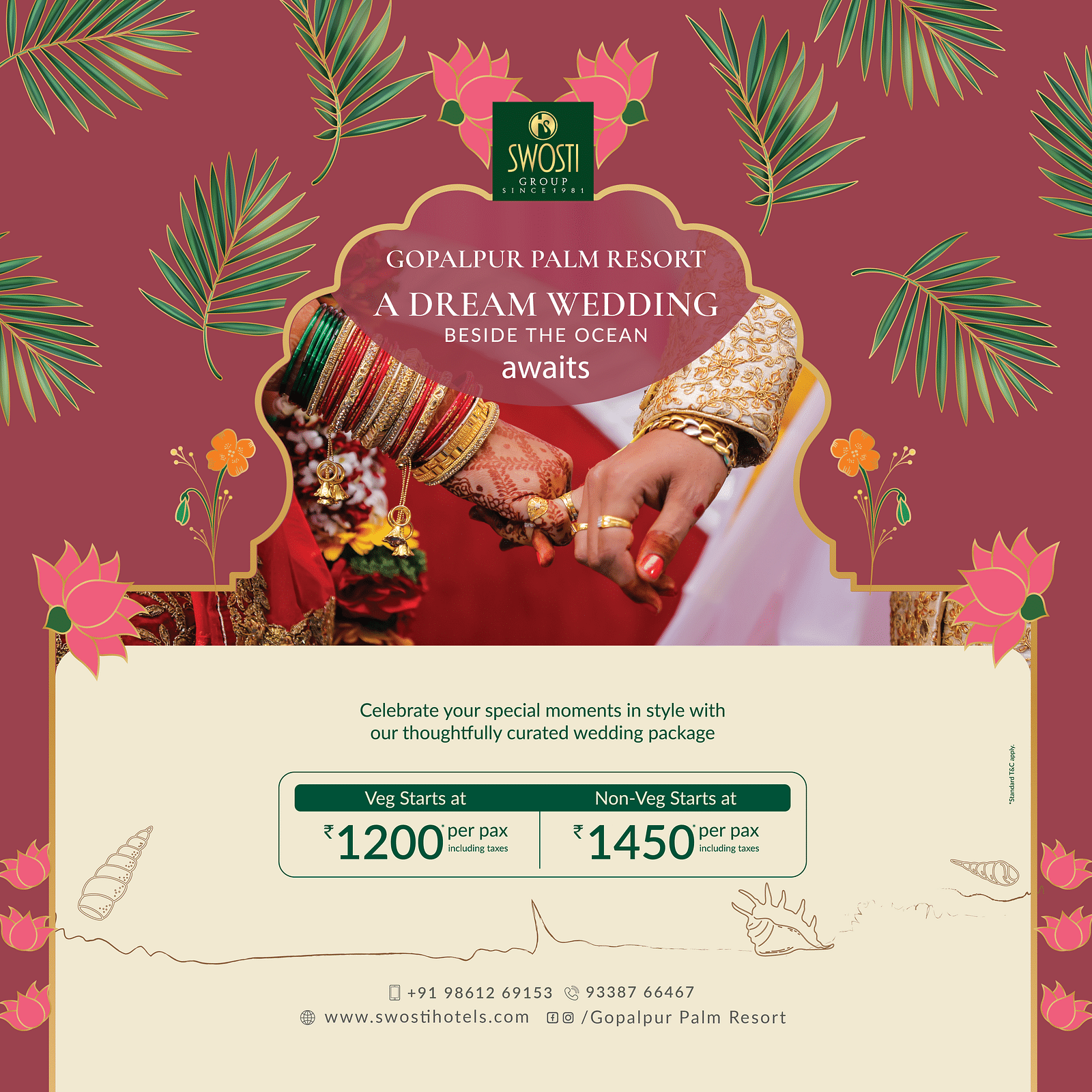 Promotional poster for Gopalpur Palm Resort by Swosti Group, showcasing a couple’s hands, wedding package pricing, vibrant floral artwork, and contact information.