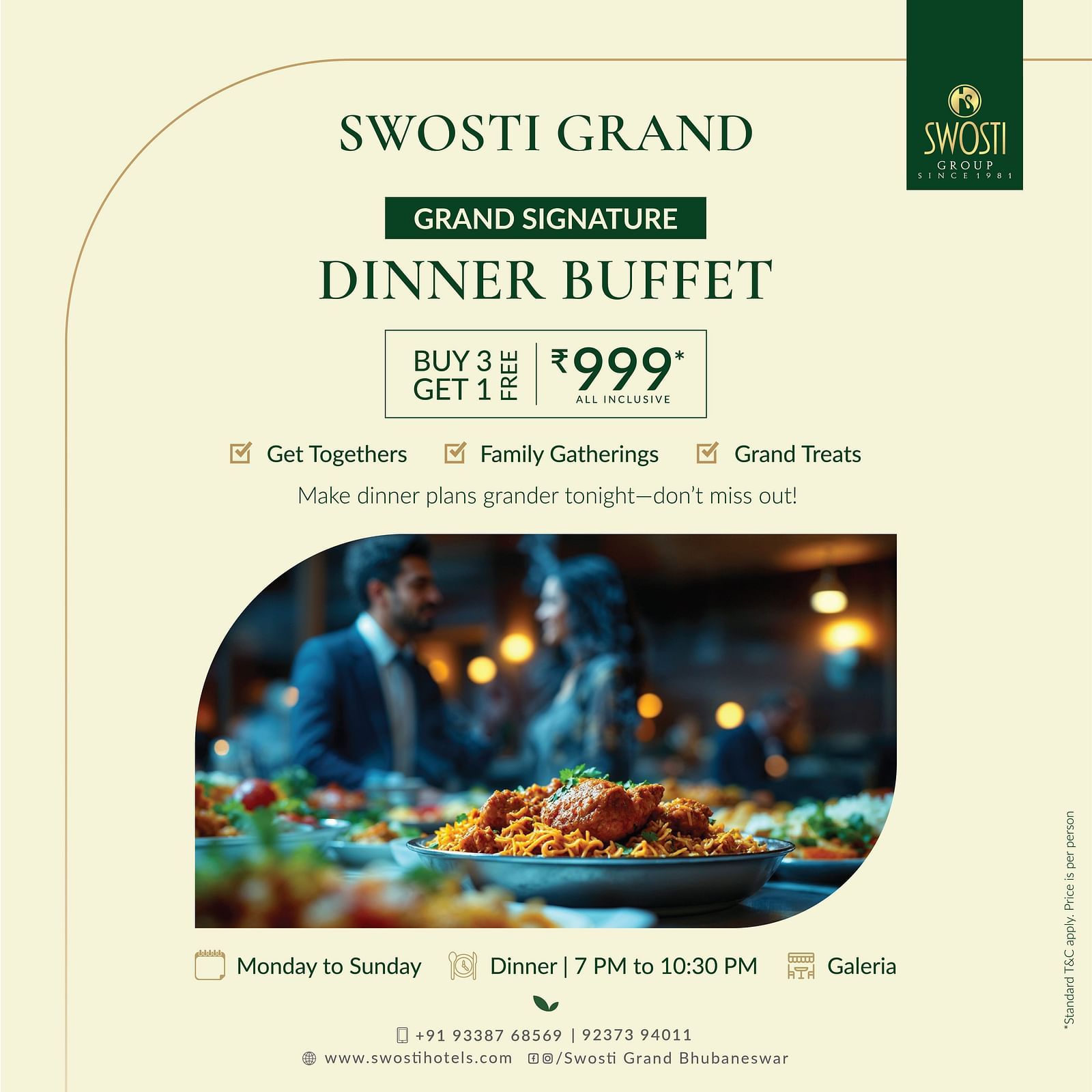 A creative image of Buffet Dinner at Galeria where you can enjoy buy 8 get 1 free - Swosti Grand, Bhubaneshwar