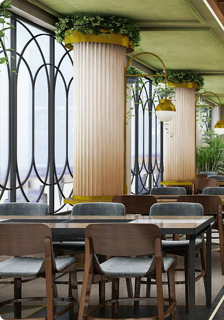 An image of wooden furnished interiors featuring dining tables and chairs and a bar on one side at Themis Barbeque House in Panipat
