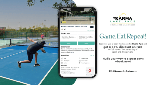 Hudle App Promotion banner showing the perks of having the app - Karma Lakelands.