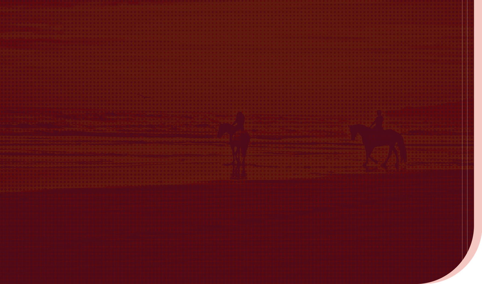 A maroon-colored illustration featuring horseback riders on the shore.