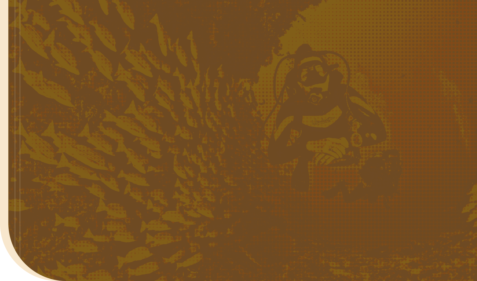 An ochre-colored illustration featuring a deep-sea diver swimming in the ocean.