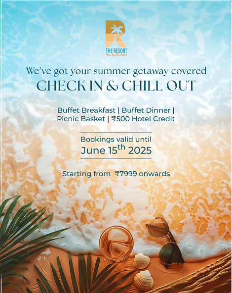 Summer getaway advertisement for The Resort showcasing a beach scene, with an offer including buffet breakfast, buffet dinner, a picnic basket, and ?500 hotel credit; booking validity until 15th June 2025.