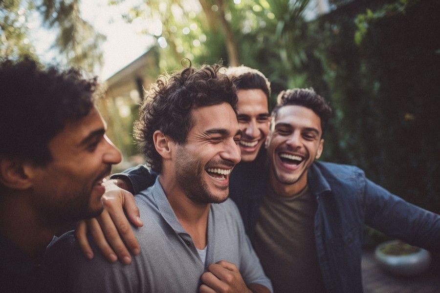Four men laughing in a very joyful mood, in the middle of a dense forest.