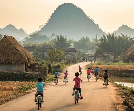 Kids riding their bicycles on a country road with mountains in the backdrop - WoCAL Retreat Ke Ga