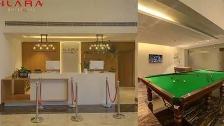 Interior view of a hotel reception area with ILARA branding and a snooker table at Illara Hotels & Spa.