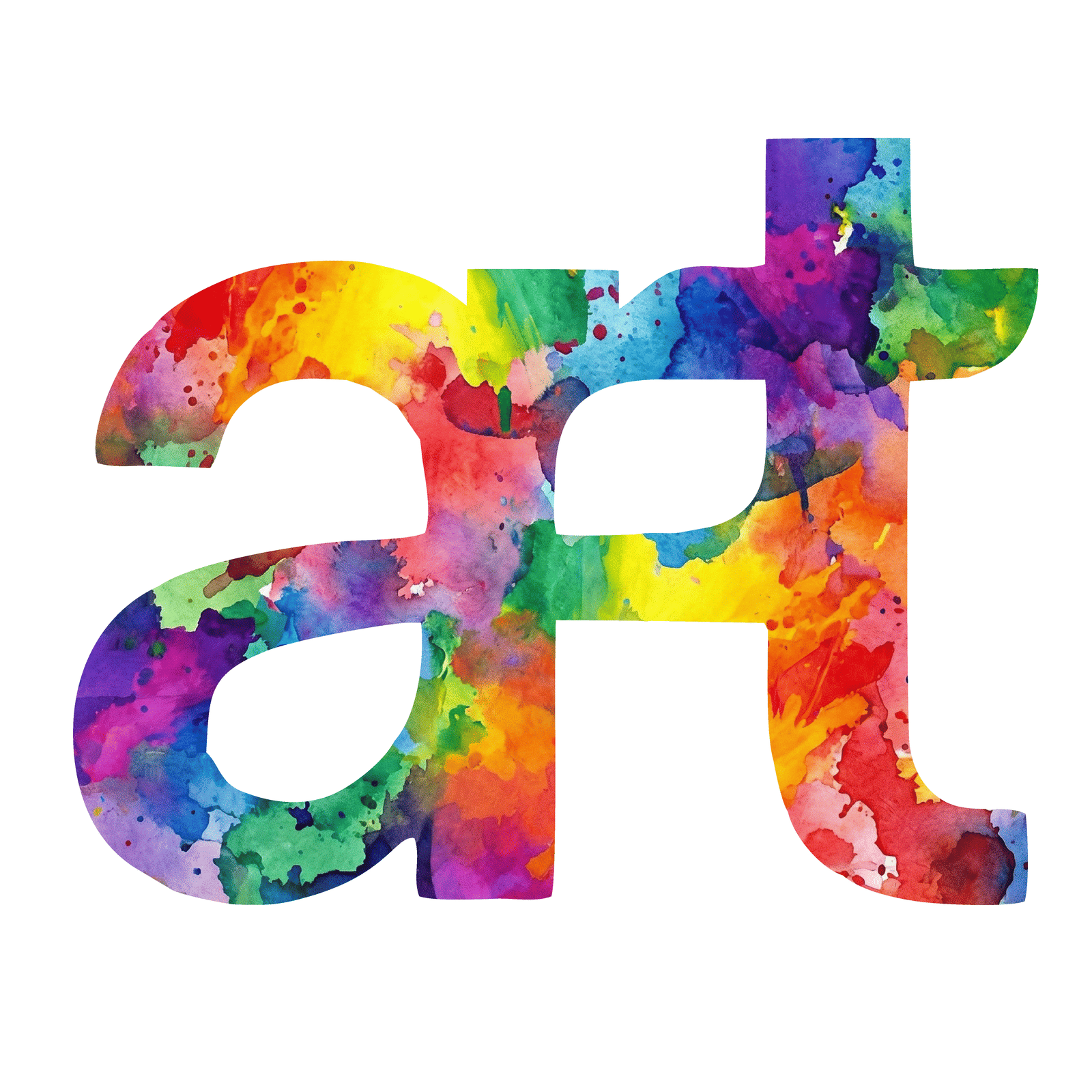 Multicoloured graphic spelling the word art in a paint splatter style design.