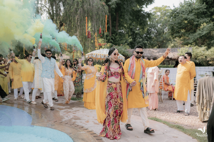 Lively haldi procession with guests dancing and celebrating at Umaid Palace