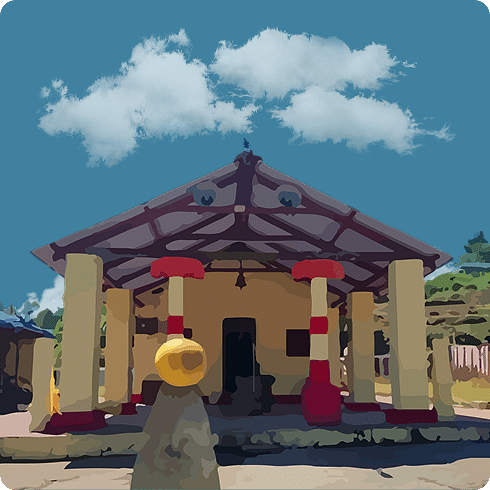 A small, colourful temple with a covered porch and columns under a bright, cloudy sky.