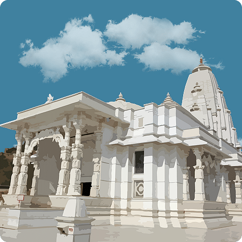 A modern, white marble temple with a traditional design, set under a bright blue sky with clouds.