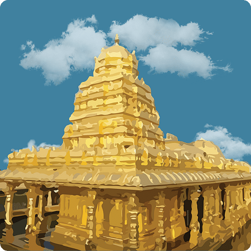 A golden temple building with a towering gopuram under a bright, cloudy blue sky.
