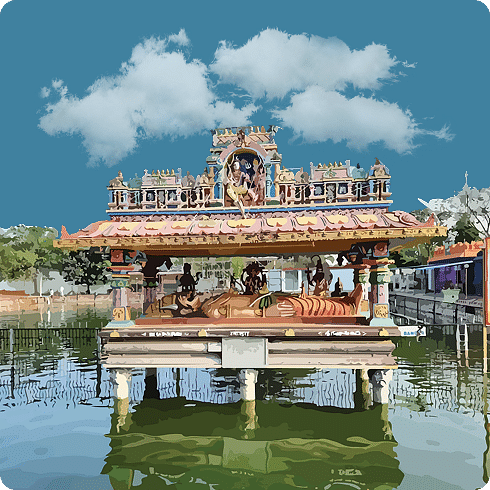 A temple pavilion in the centre of a water body under a blue, cloudy sky.
