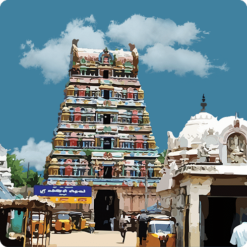 A colourful temple gopuram rising above the street bustle, blending spiritual vibrancy with daily life.