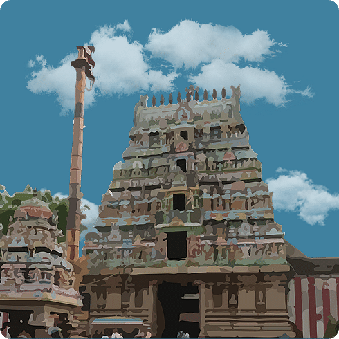 A temple entrance with a tall gopuram and traditional South Indian sculptures under a bright sky.