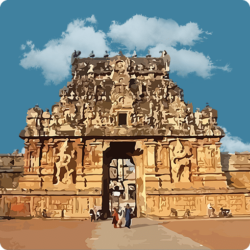 A view of a golden-hued temple entrance with ornate carvings and symmetrical design.