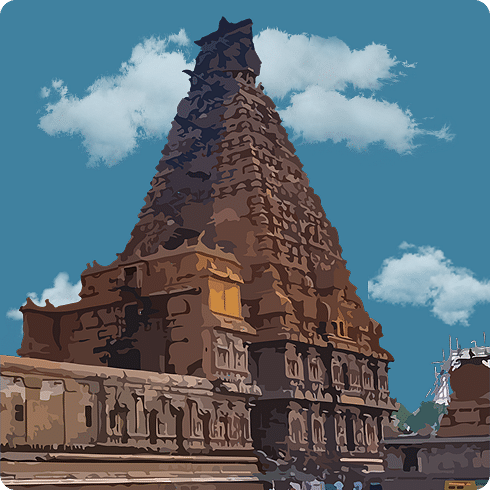 A towering Chola-era temple with intricate carvings, standing tall under a clear blue sky in Tamil Nadu.