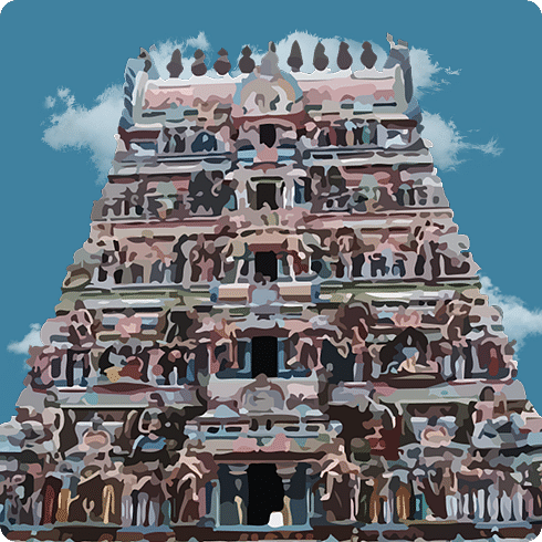 A colourful South Indian temple gopuram adorned with intricate carvings and divine figures.