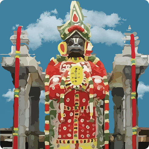A vibrant, richly adorned shrine or chariot with decorative elements, ready for a procession.