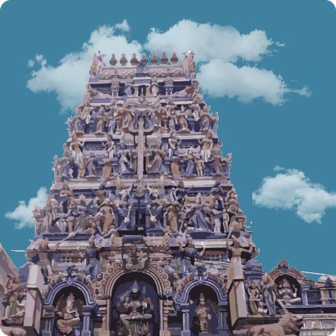 A richly detailed temple tower with rows of deities and mythic scenes in earthy and pastel hues.