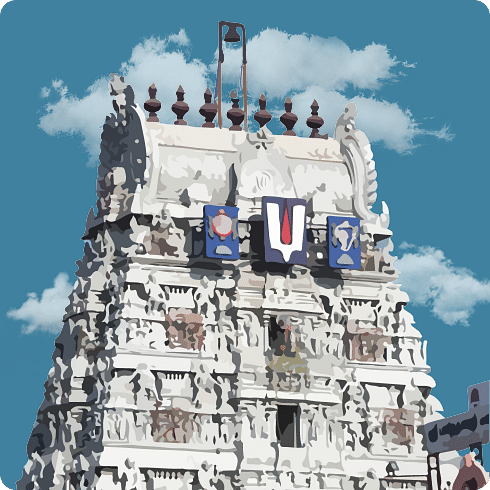 A pristine white temple gopuram with Vaishnavite symbols, adorned with detailed carvings under a bright blue sky.