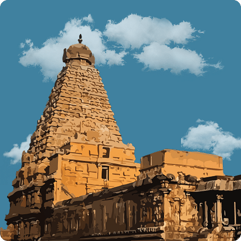 A temple’s towering vimana shines in golden stone, symbolising Chola grandeur.