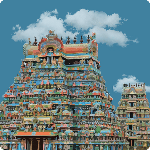 A colourful Dravidian-style temple with a massive gopuram and detailed sculptures stacked in tiers.
