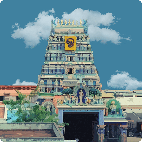 A vibrant temple tower adorned with sculptures and a golden motif stands against a bright backdrop.