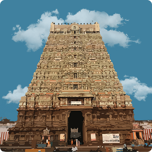 A majestic temple gopuram with weathered stone carvings rises high under a clear blue sky.