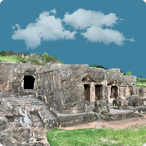 Ancient rock-cut caves, weathered and set into a hillside with sparse vegetation.