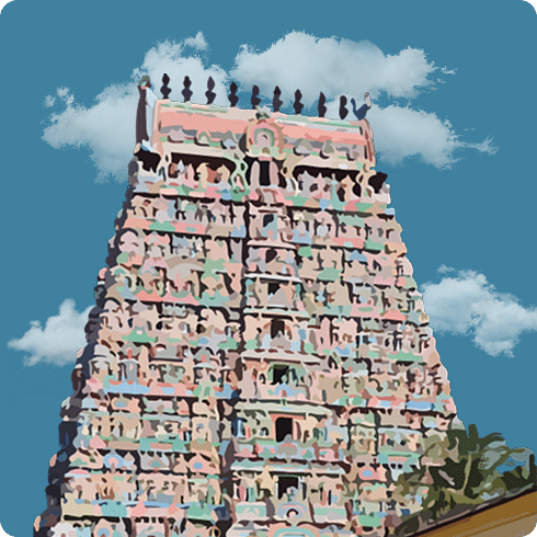 A towering temple gopuram leans slightly, covered in pastel sculptures and rising into the bright sky.