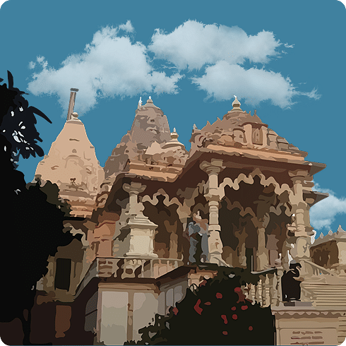 A stone temple building with multiple domes, set against a partially cloudy backdrop.