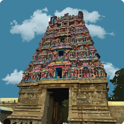 A vibrant, multi-coloured gopuram adorned with intricate sculptures rises above a stone gateway.