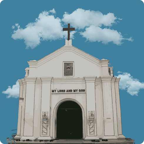 A serene white church with minimal design and arched doorway, set against a backdrop of fluffy clouds.