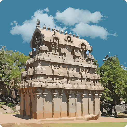 A small, ornate stone temple with carvings in a garden under a blue, cloudy sky.