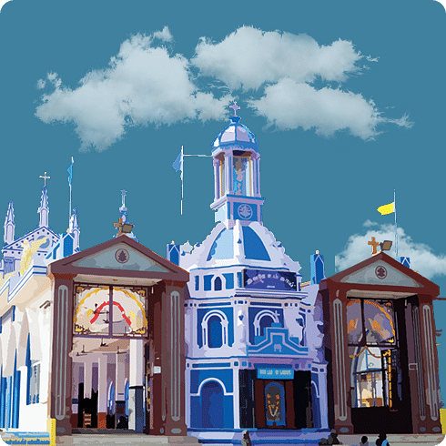 A blue and white, European-style building with a dome and a cross under a cloudy sky.