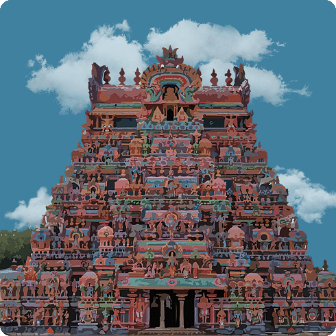 A richly sculpted gopuram features tiered carvings and traditional iconography in earthy tones.