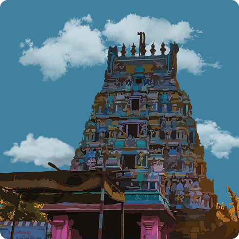 A highly detailed, colourful temple gopuram with numerous figures under a blue, cloudy sky.