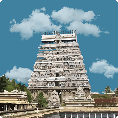 A large, tiered gopuram of a temple next to a water body under a blue, cloudy sky.