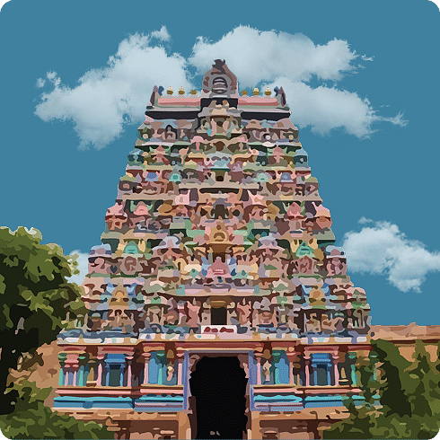 A colourful temple tower rises against the sky, showcasing intricate Dravidian architecture and symmetry.