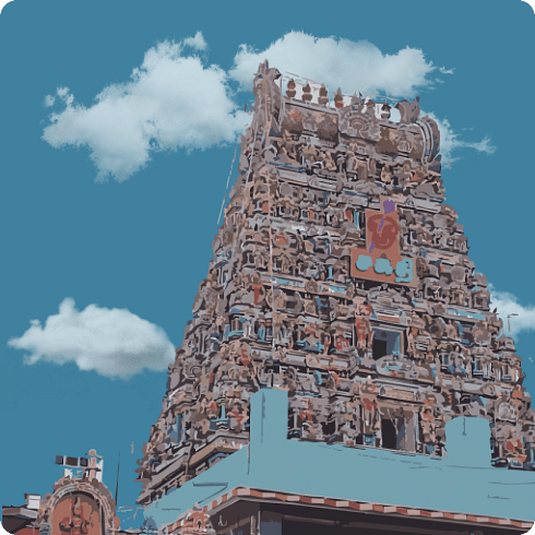 An artistic impression of a large, intricate temple tower (gopuram) against a cloudy blue sky.