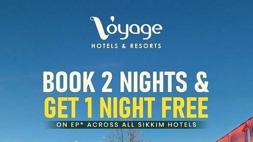 Promotional banner for Voyage Hotels & Resorts offering a Book 2 Nights & Get 1 Night Free deal across all Sikkim properties, valid for stays between July 1st and September 15th, 2025.
